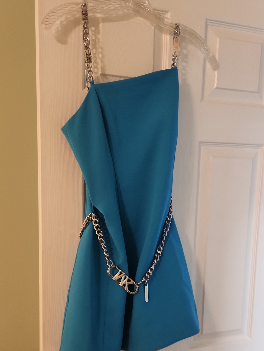 Michael Kors Teal One-Shoulder Dress with Silver Chain Accents